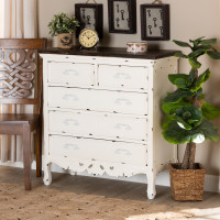 Baxton Studio JY20B089-Antique White-5DW-Cabinet Levron Classic and Traditional Two-Tone Walnut Brown and Antique White Finished Wood 5-Drawer Storage Cabineta